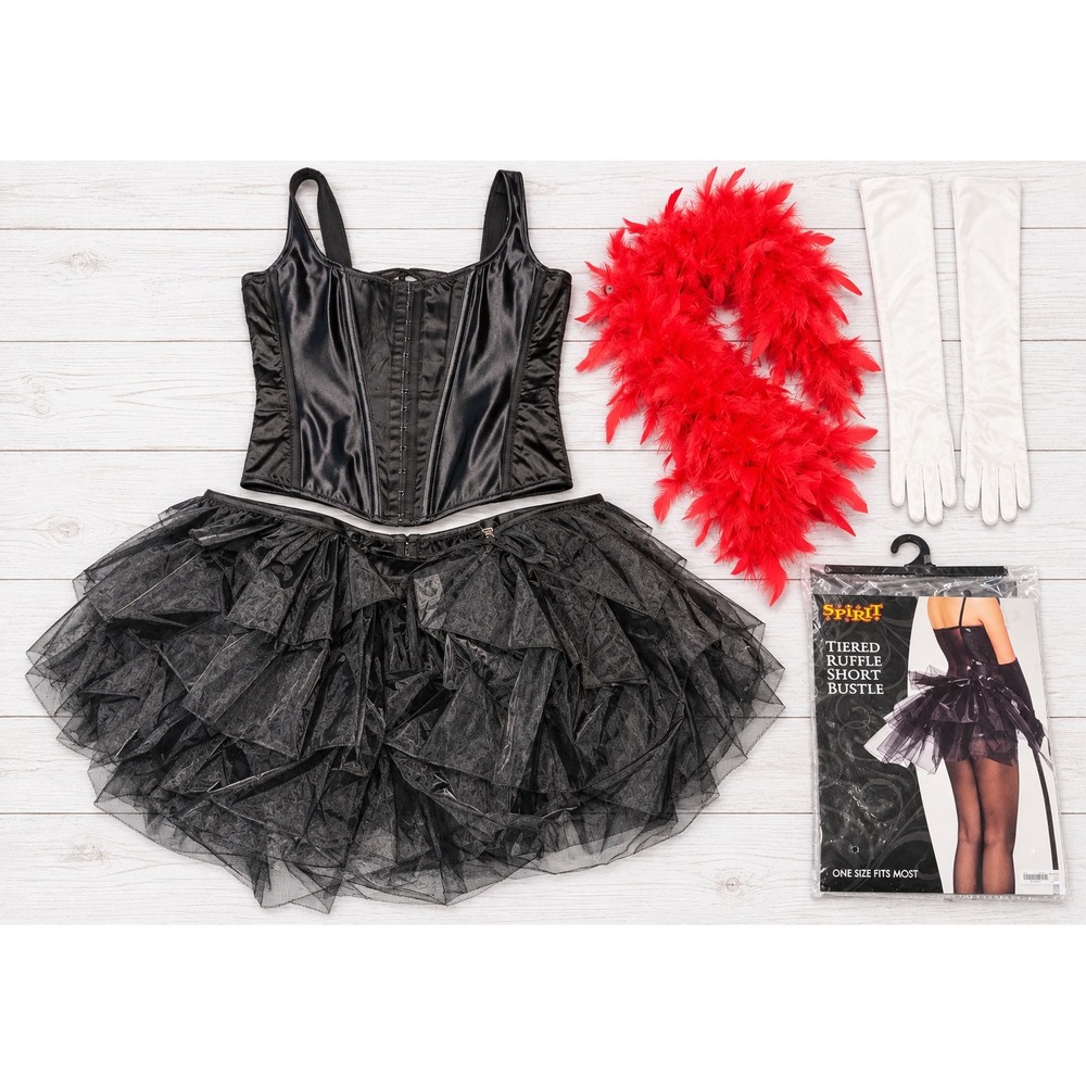 Spirit Halloween Costume Corset Bustle Boa Gloves Burlesque Showgirl Halloween